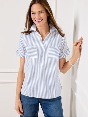 Talbots Non-Iron Perfect Popover Dazzling Strip Short-Sleeve Blouse